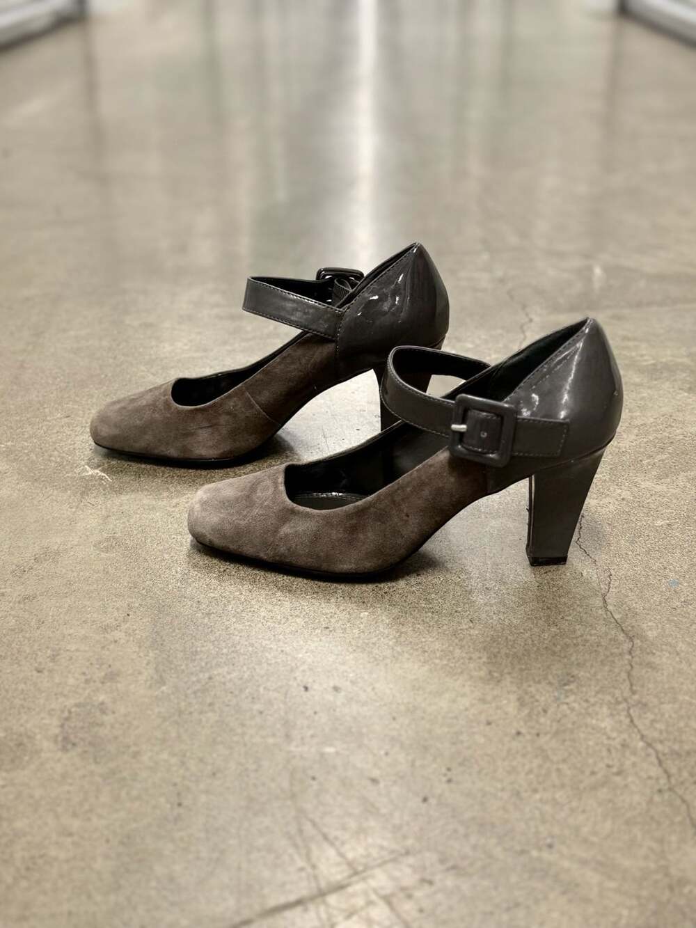 Franco Sarto Gray Suede Patent Leather Mary Jane Pumps